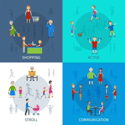 People daily situation shopping active stroll and communication flat color icon set isolated vector illustration