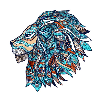 Lion head profile with decorative swirls ornament colored vector illustration