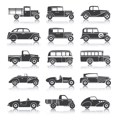 Retro style cars black silhouettes icons set isolated vector illustration