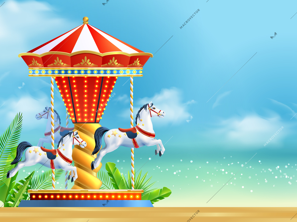 Realistic carousel with three horses on summer sky background vector illustration