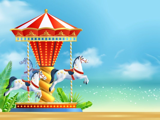 Realistic carousel with three horses on summer sky background vector illustration