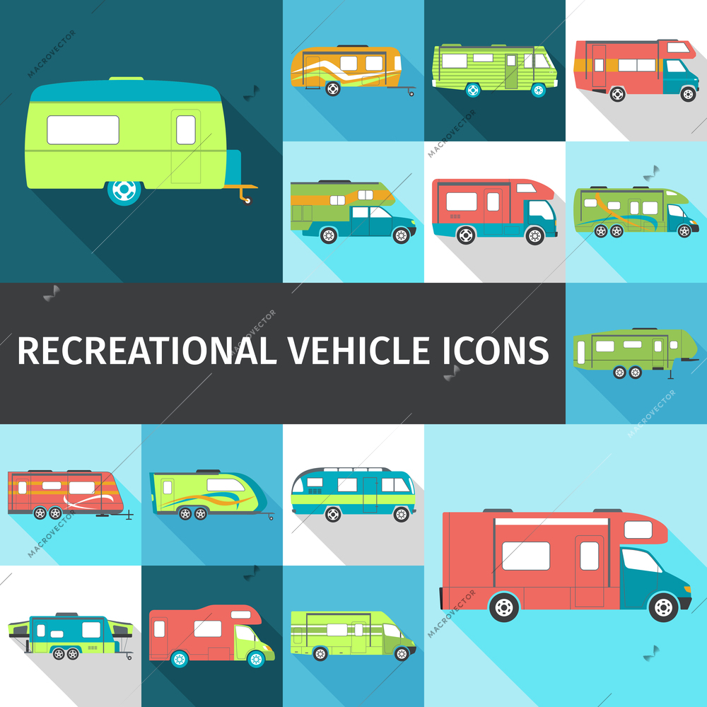 Recreational vehicle flat long shadow icons set isolated vector illustration