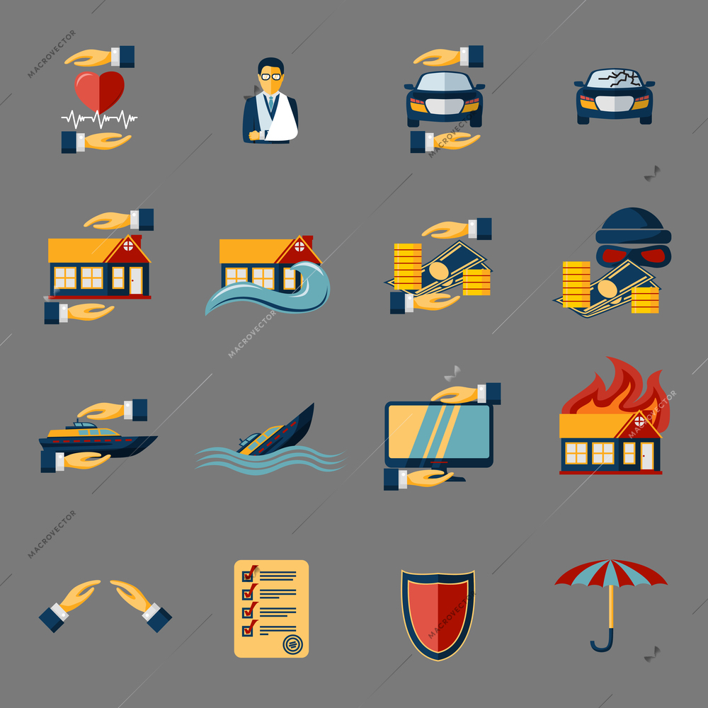 Insurance security icons set of medical property house protection isolated vector illustration