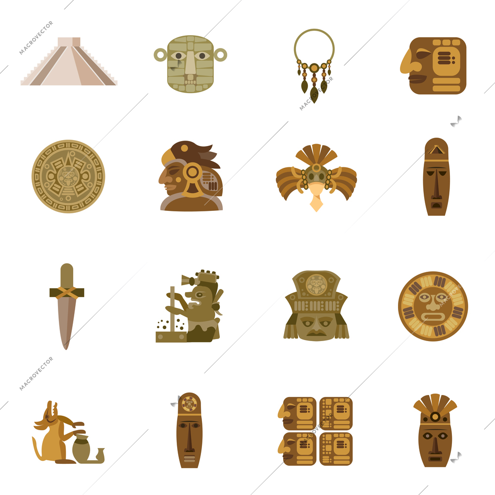 Flat icon maya indian tribal religion symbols set isolated vector illustration