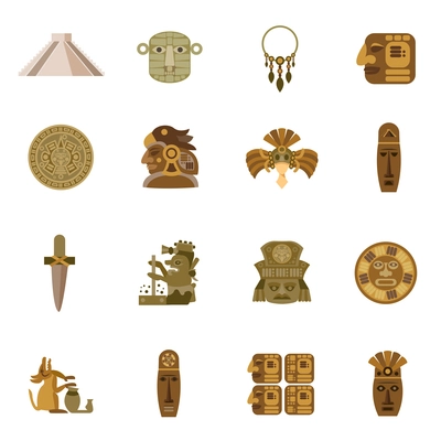 Flat icon maya indian tribal religion symbols set isolated vector illustration