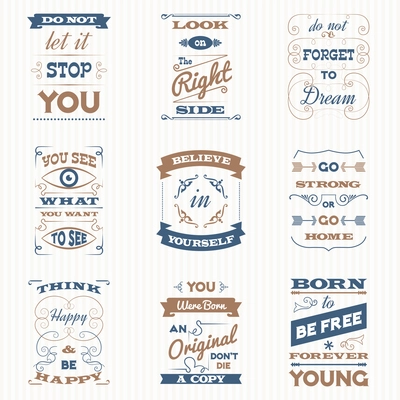 Quotes and inspirational slogans typography retro emblemt set isolated vector illustration