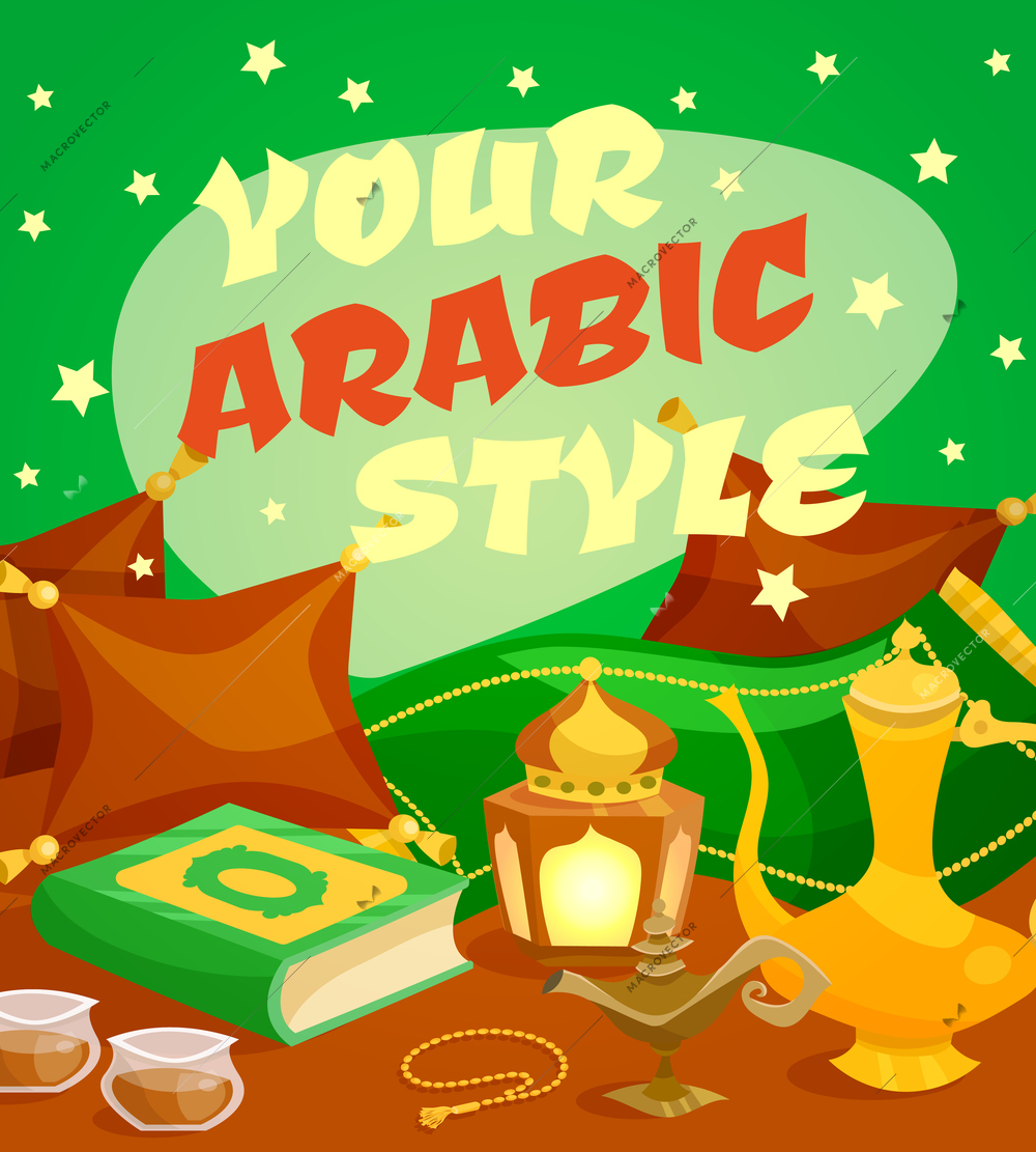 Arabic culture concept with middle east traditional symbols cartoon set vector illustration