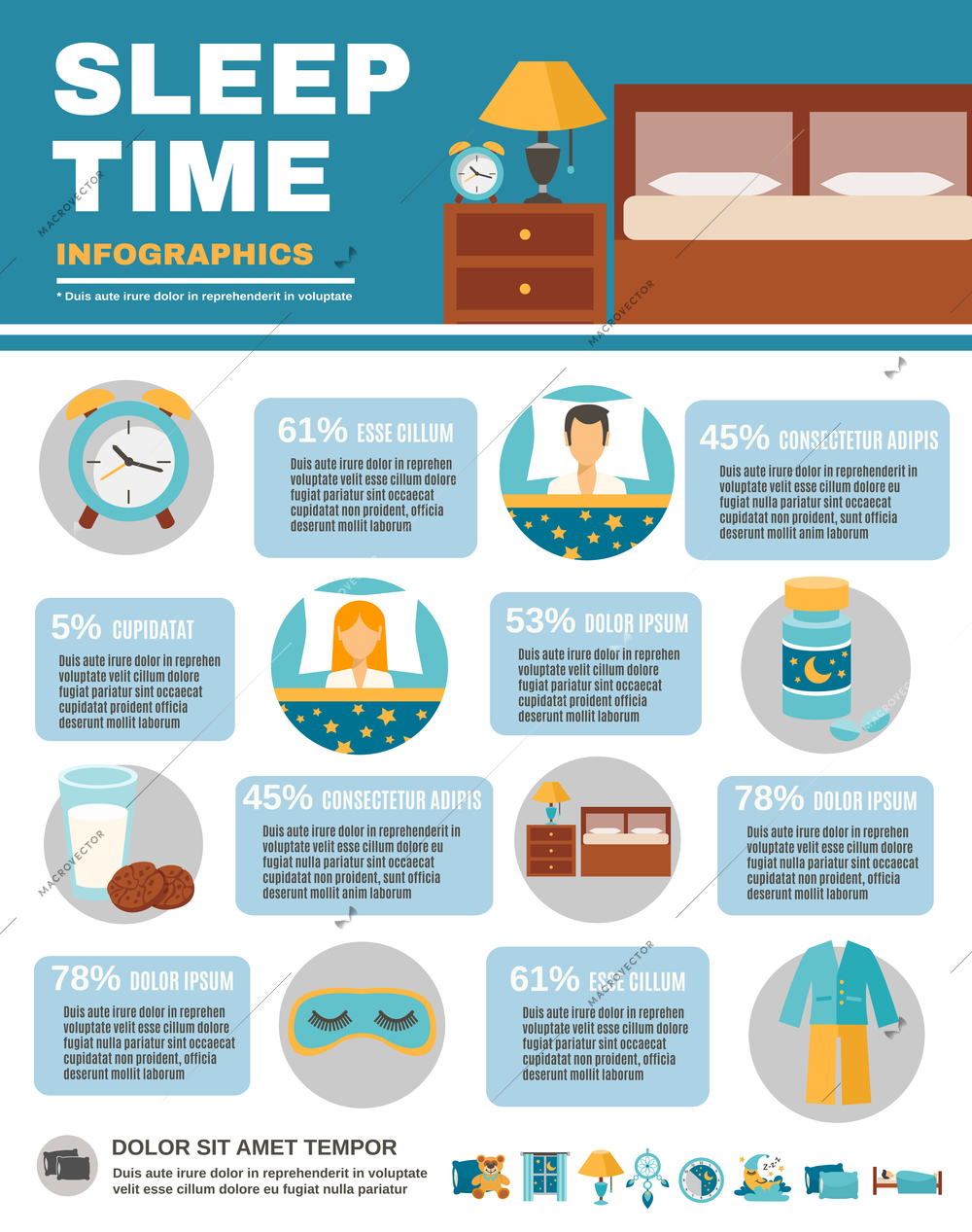 Sleep time infographic set with bedroom interior symbols vector illustration