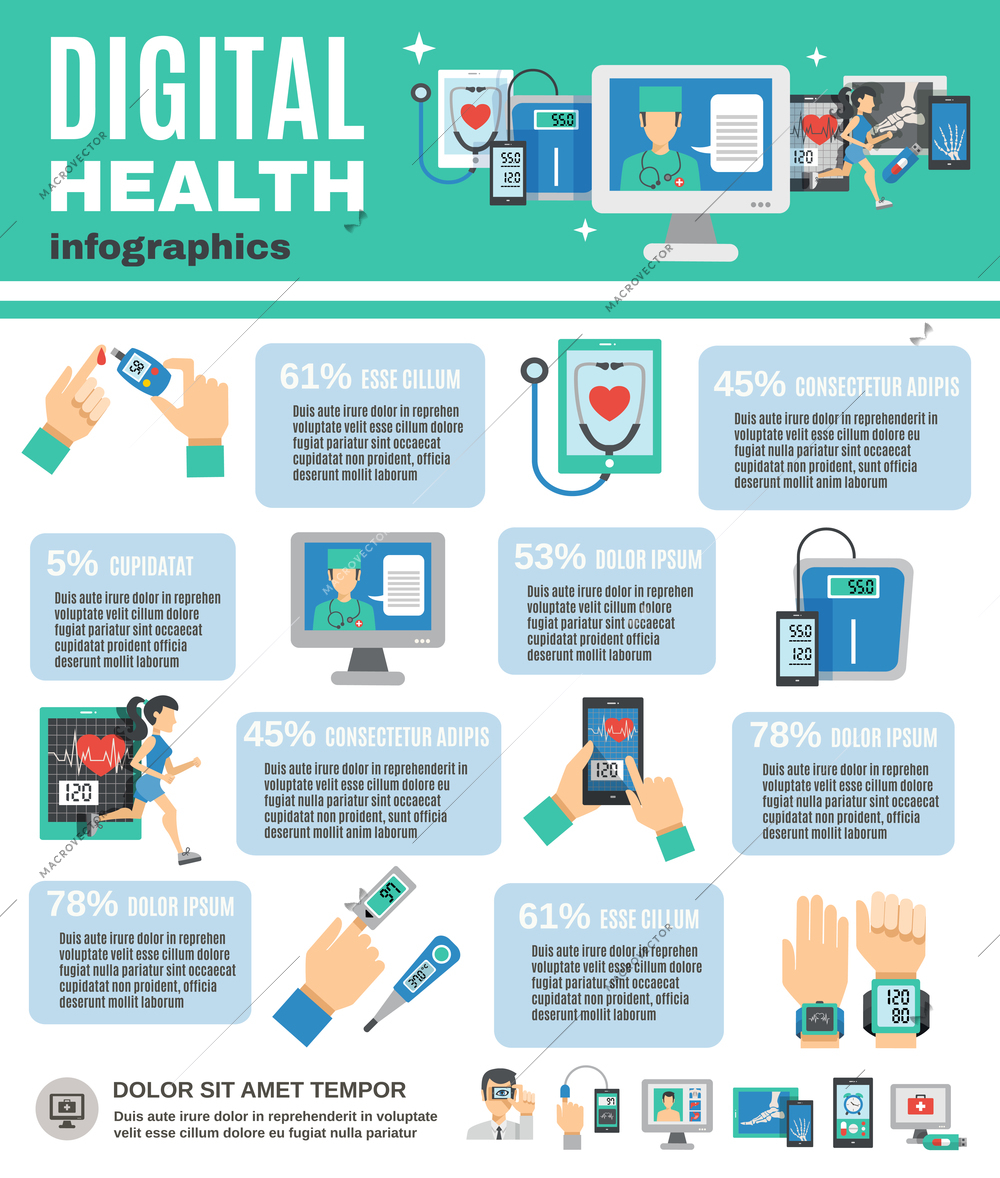 Digital health infographics set with mobile diagnostics and telemedicine symbols vector illustration