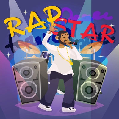 Rap music poster with cartoon hip-hop singer character vector illustration