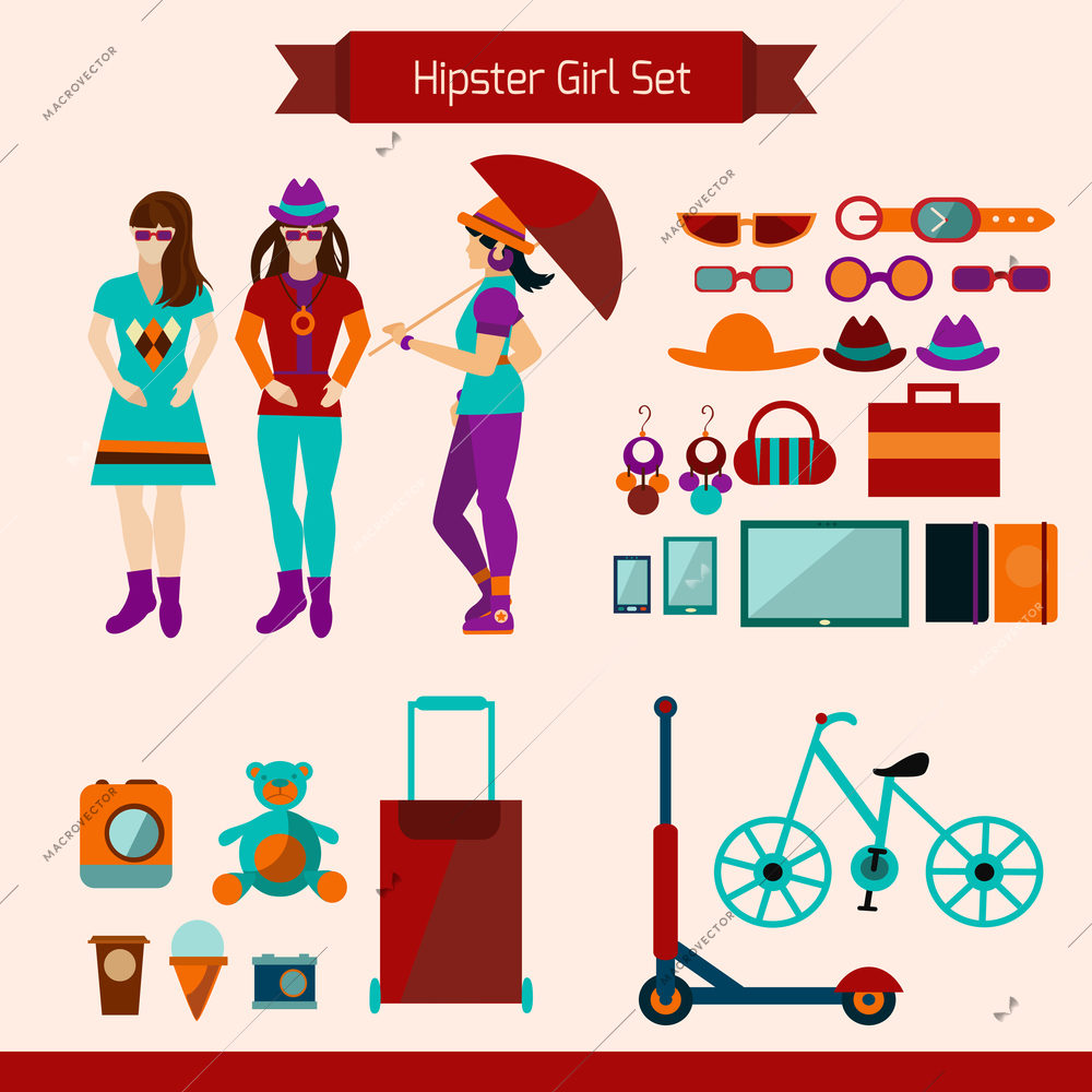 Hipster girl style set with trendy fashion accessories isolated vector illustration