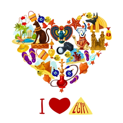 Egypt touristic poster with cartoon landmarks in heart shape vector illustration