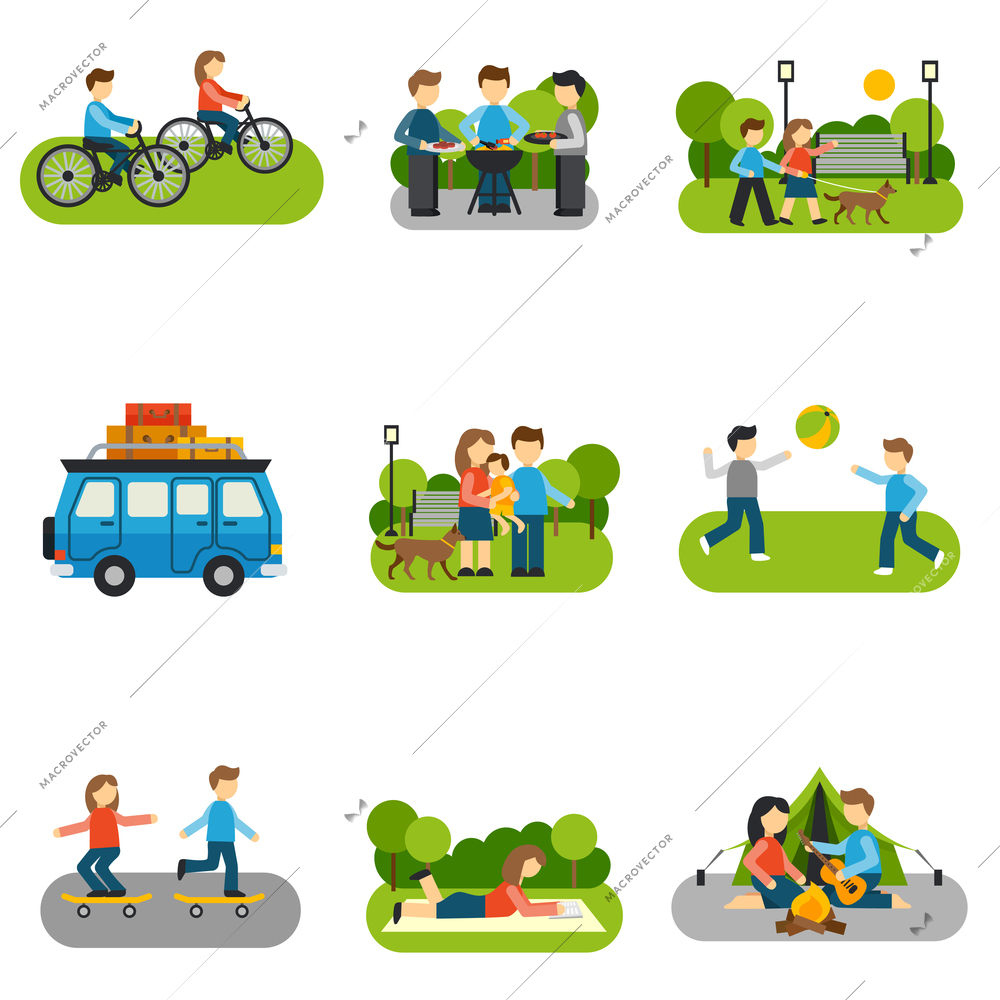 Flat icon outing with people outdoors activities isolated vector illustration