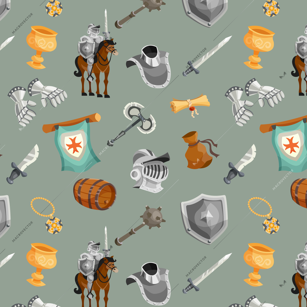 Medieval knight with armor and weapon cartoon seamless pattern vector illustration