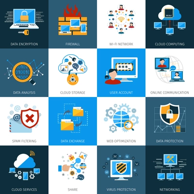 Network security and data protection icons set isolated vector illustration