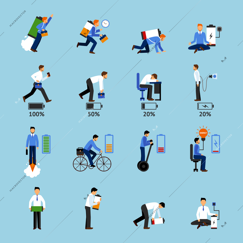 Businessman energy set with different level of battery charge isolated vector illustration