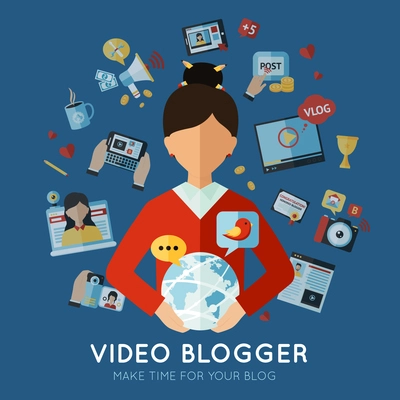 Blogger concept with internet communication flat icons set vector illustration