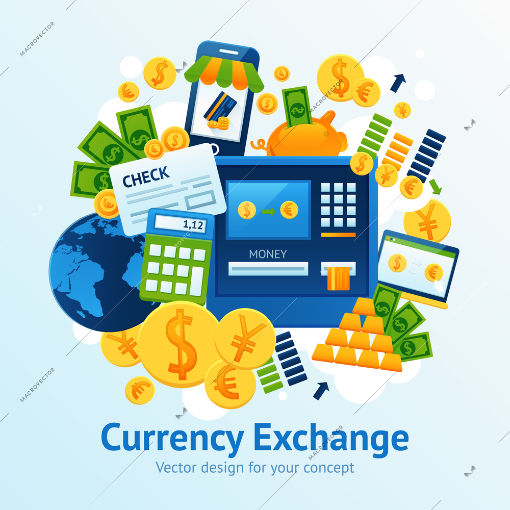 Currency exchange concept with financial market symbols set vector illustration