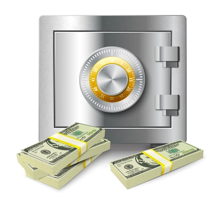 Realistic steel safe icon security concept with code lock and money banknotes stacks vector illustration