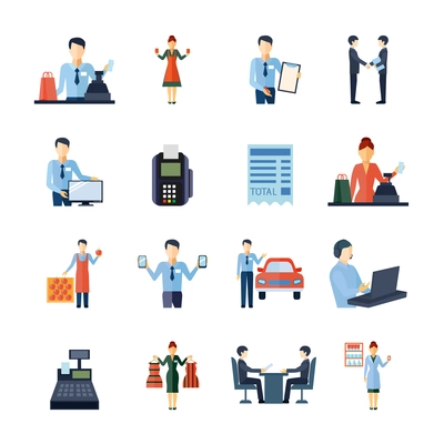 Salesman shopman realtor and other sellers figures icons set flat isolated vector illustration