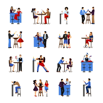 People sitting and drinking in bar flat icons set isolated vector illustration