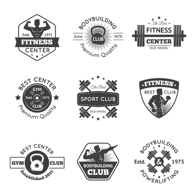 Fitness club and sport gym emblems set isolated vector illustration