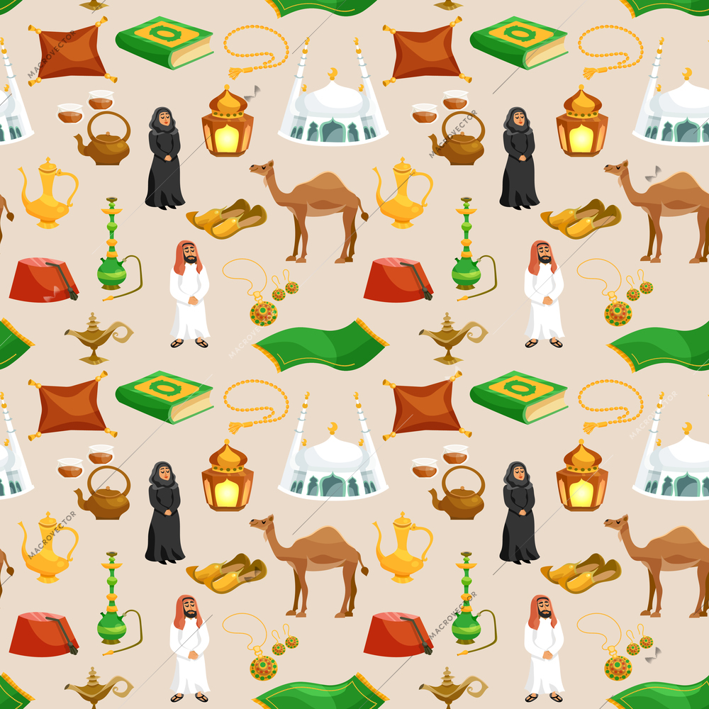 Arabic culture seamless pattern with camel tea pot mosque cartoon vector illustration