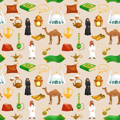 Arabic culture seamless pattern with camel tea pot mosque cartoon vector illustration