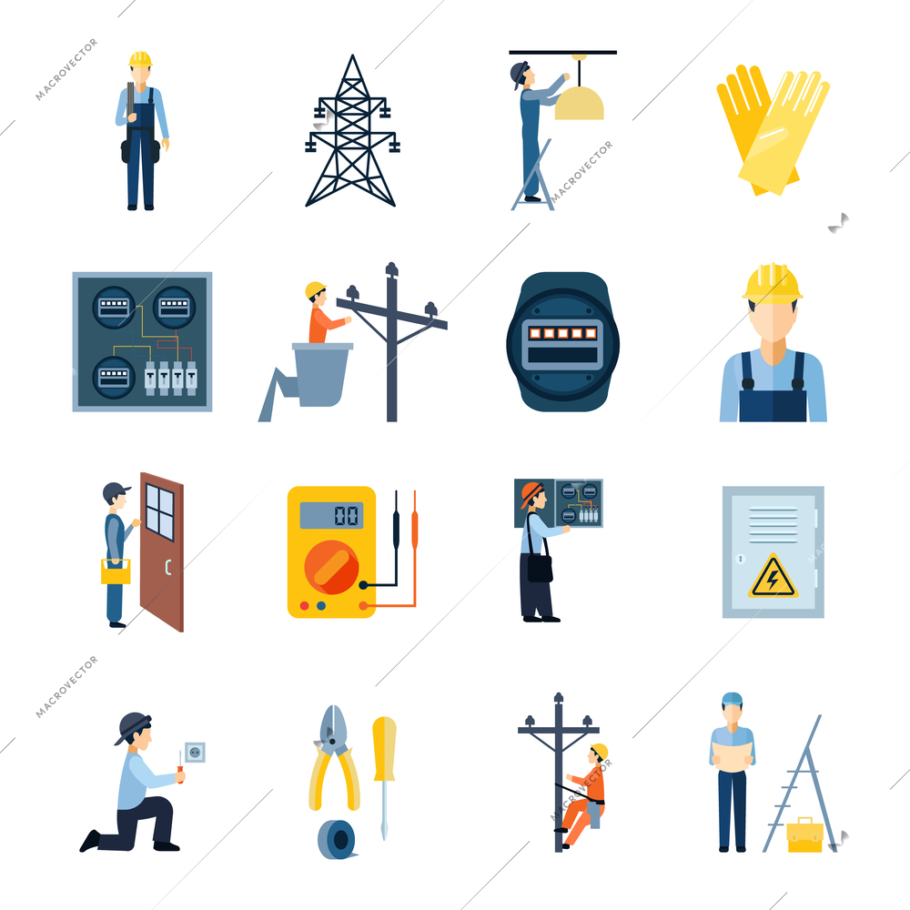 Flat icons set of repairmen electricians handymen figures and electric equipments isolated vector illustration