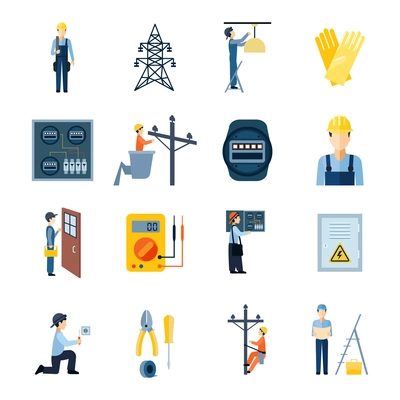 Flat icons set of repairmen electricians handymen figures and electric equipments isolated vector illustration