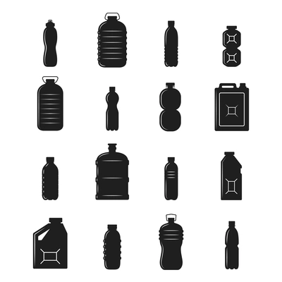 Plastic bottle  containers and black silhouettes set isolated vector illustration