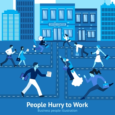 Business people in hurry concept with office buildings on background vector illustration