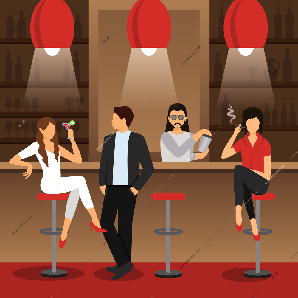 Bar counter with males and females sitting with cocktail drinks flat vector illustration