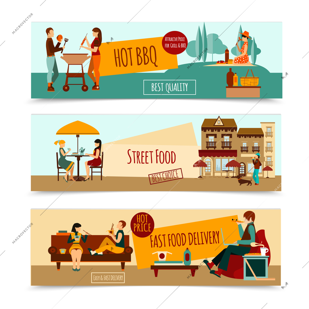 Eating people horizontal banner set with street food bbq isolated vector illustration