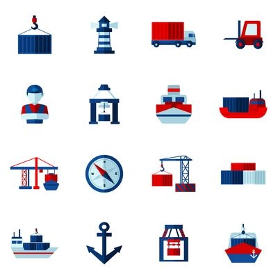 Seaport flat icons set with container tanker vessel loader isolated vector illustration