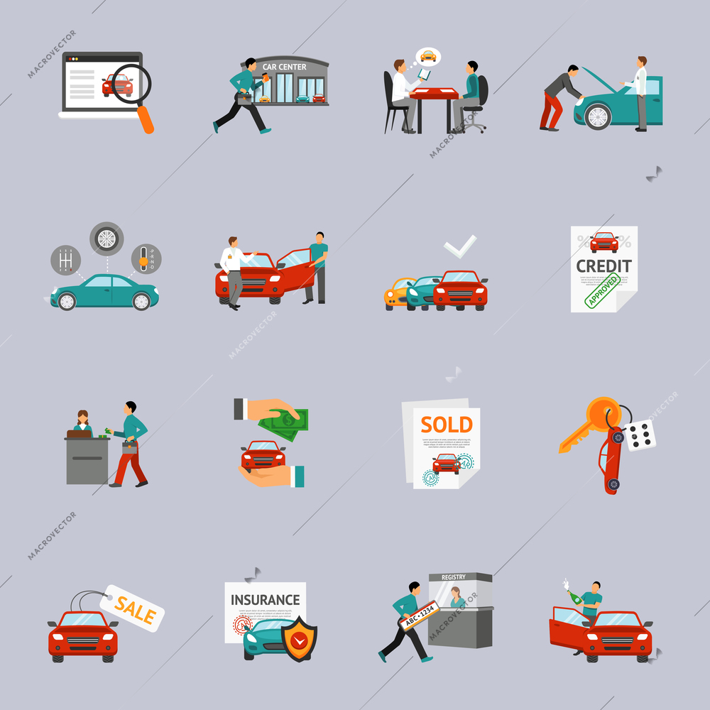 Car dealership and automobile retail icon set isolated vector illustration