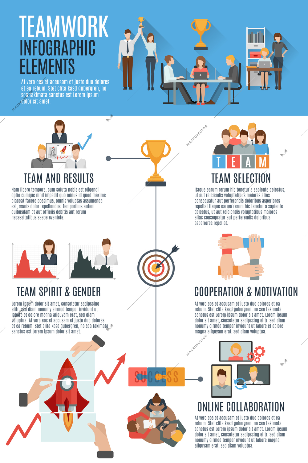 Effective teamwork management strategies for great success informative text with flat pictograms infographic banner abstract vector illustration