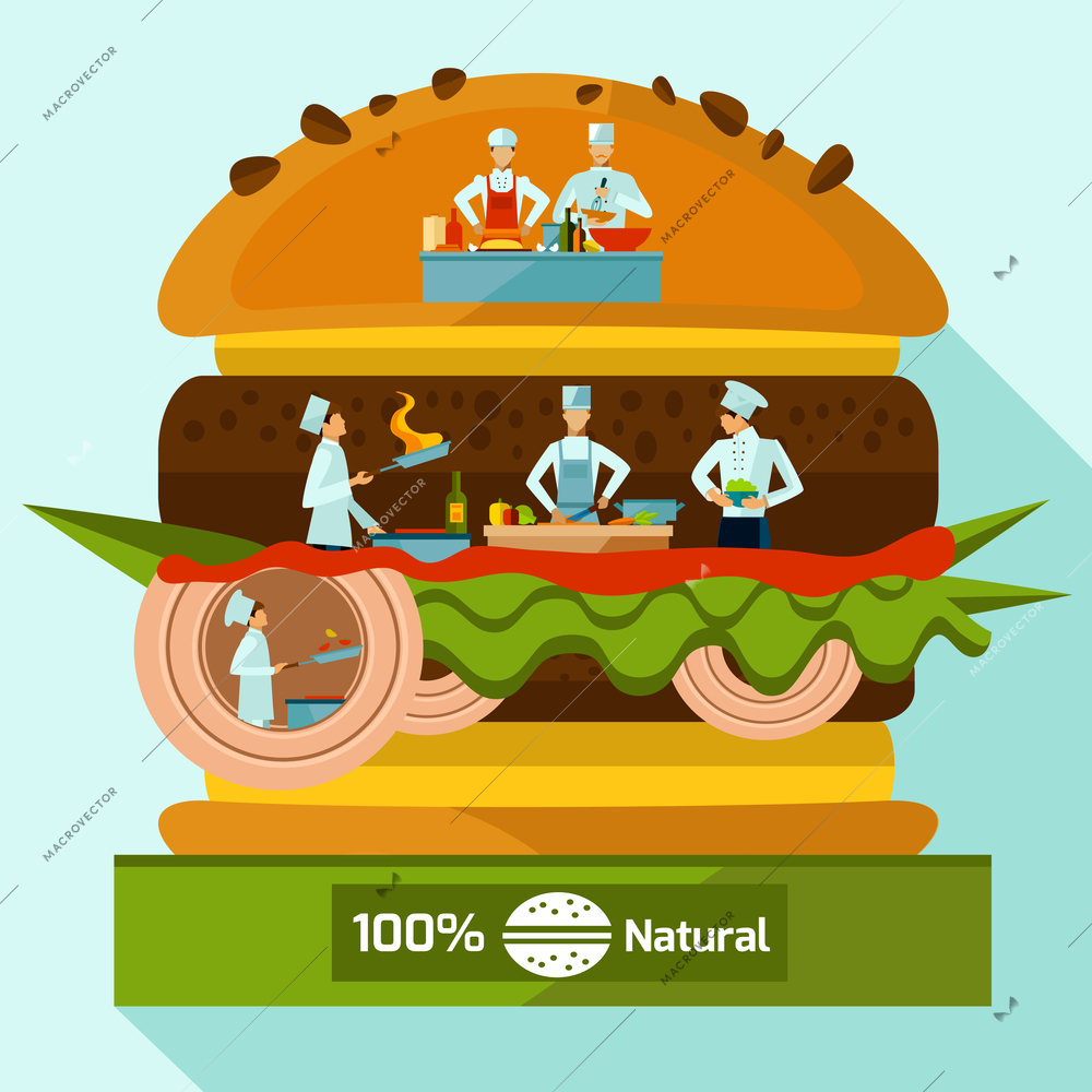 Cooking concept with people in chef suits inside of layered hamburger vector illustration