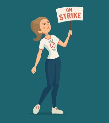 Walkout woman with strike placard on blue background cartoon vector illustration