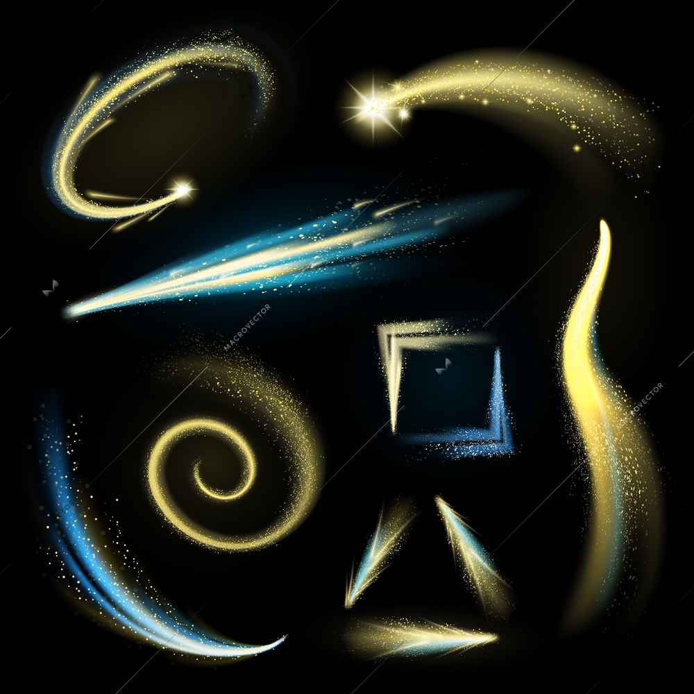 Gold glittering elements set with shining strokes and comets isolated vector illustration