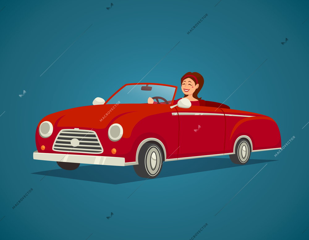 Woman driver with red cabriolet on blue background cartoon vector illustration