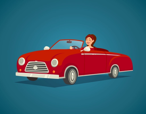 Woman driver with red cabriolet on blue background cartoon vector illustration