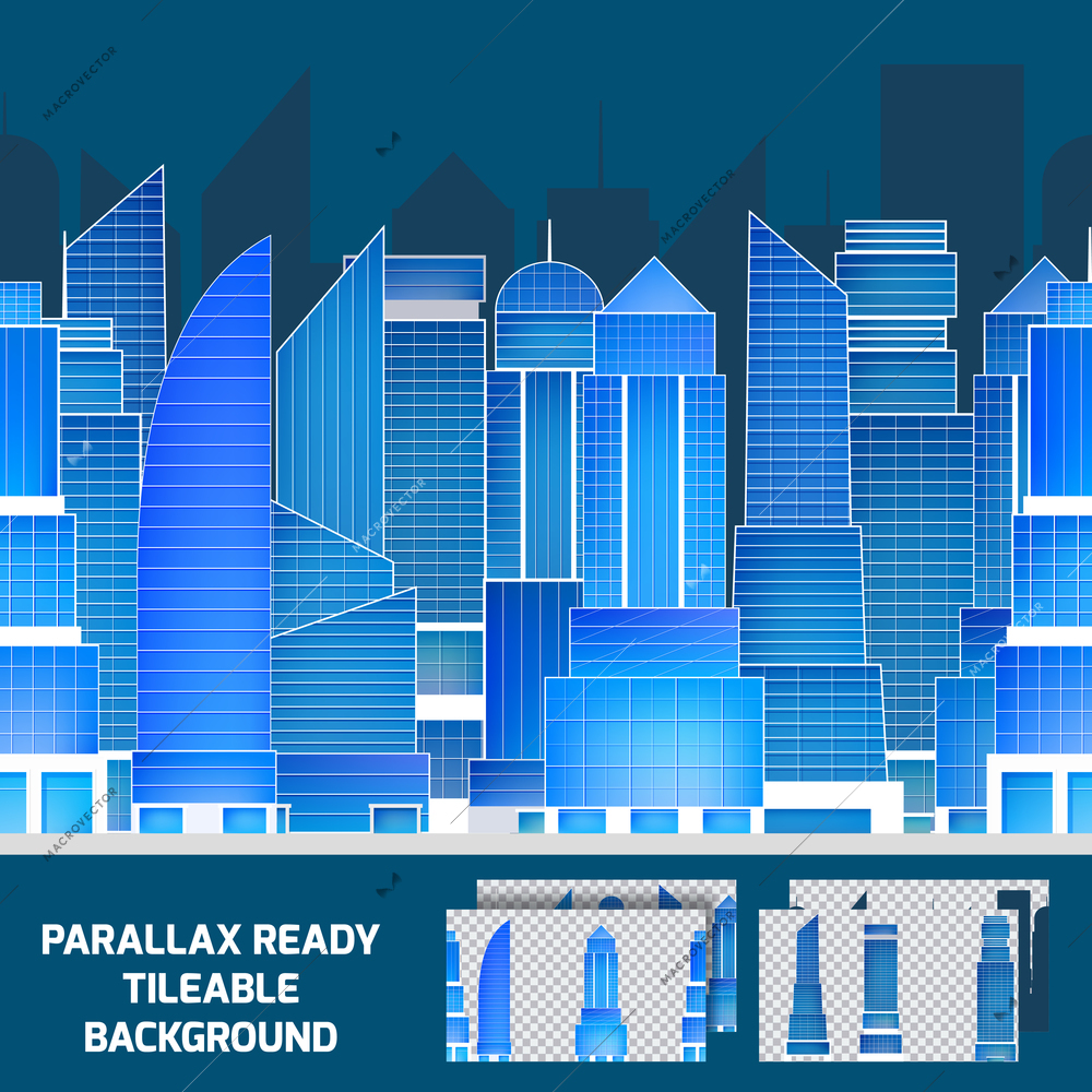 Modern glass and steel skyscrapers in city center night cityscape tileable parallax ready background abstract vector illustration. Editable EPS and Render in JPG format