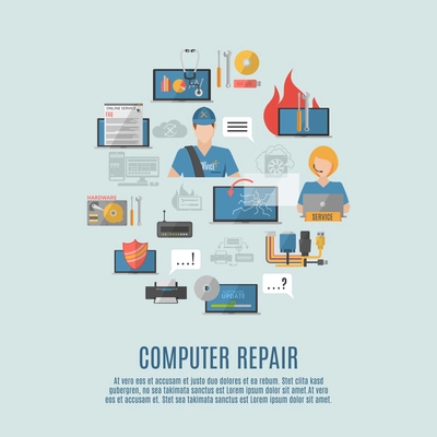 Computer repair and maintain internet security services flat icons composition poster with antivirus shield abstract vector illustration