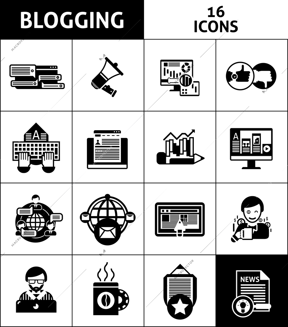 Blogging and media black white icons set with creative thinking and writing symbols flat isolated vector illustration