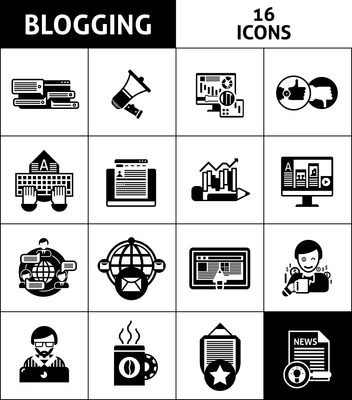 Blogging and media black white icons set with creative thinking and writing symbols flat isolated vector illustration