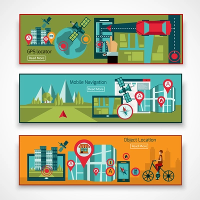 GPS navigation horizontal banner set with mobile object location elements isolated vector illustration