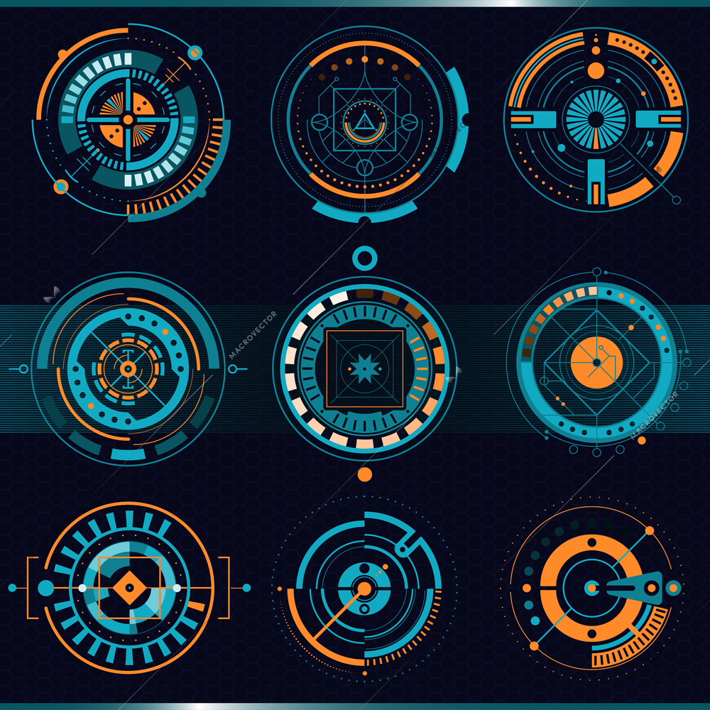 Touch HUD round interface set with high tech design flat isolated vector illustration