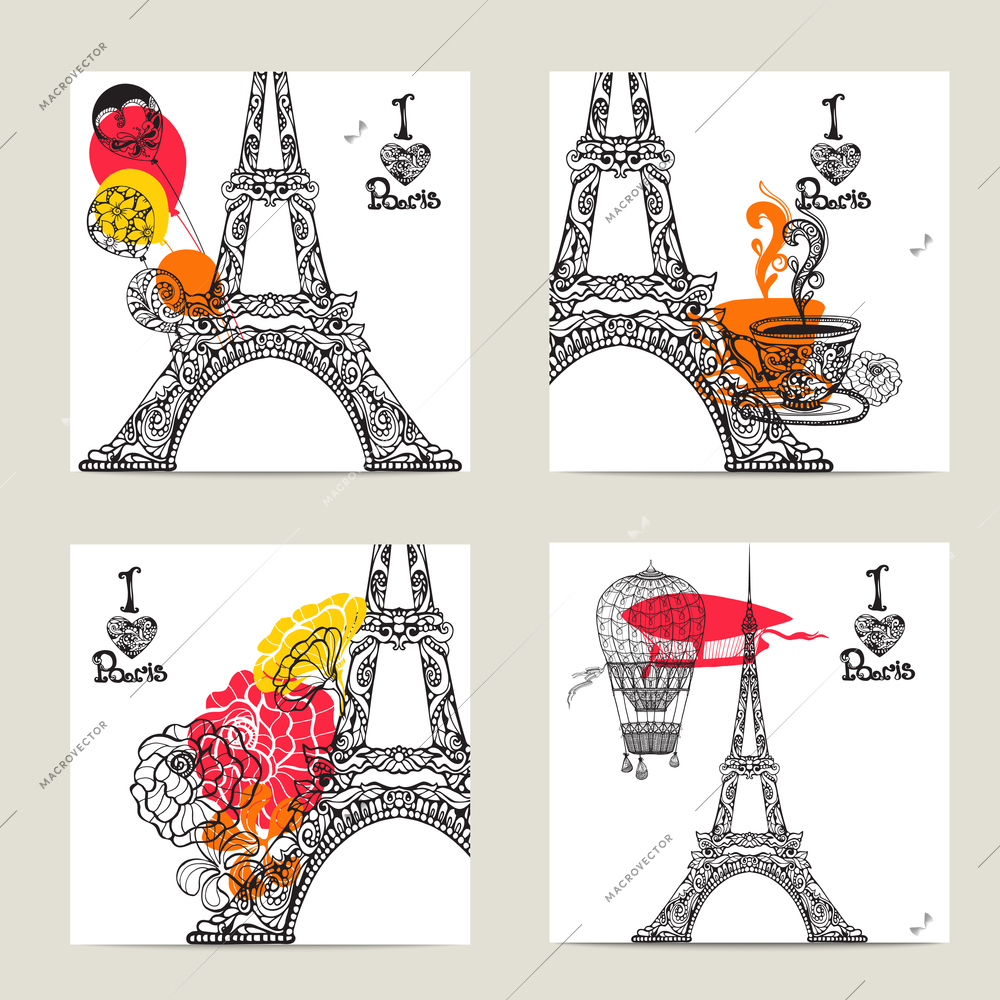 Paris card set with hand drawn flower decorated Eiffel tower isolated vector illustration