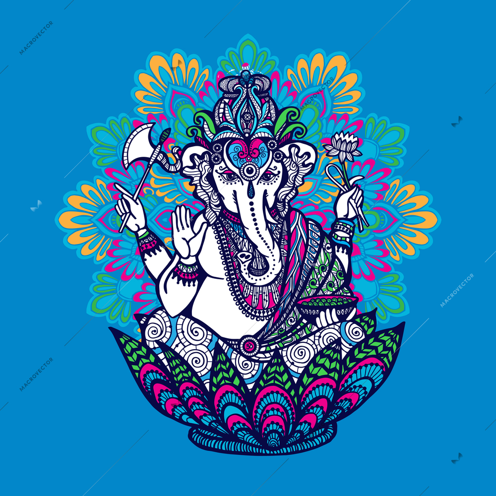 Hindu god Ganesha with ornate colored mandala on background hand drawn vector illustration